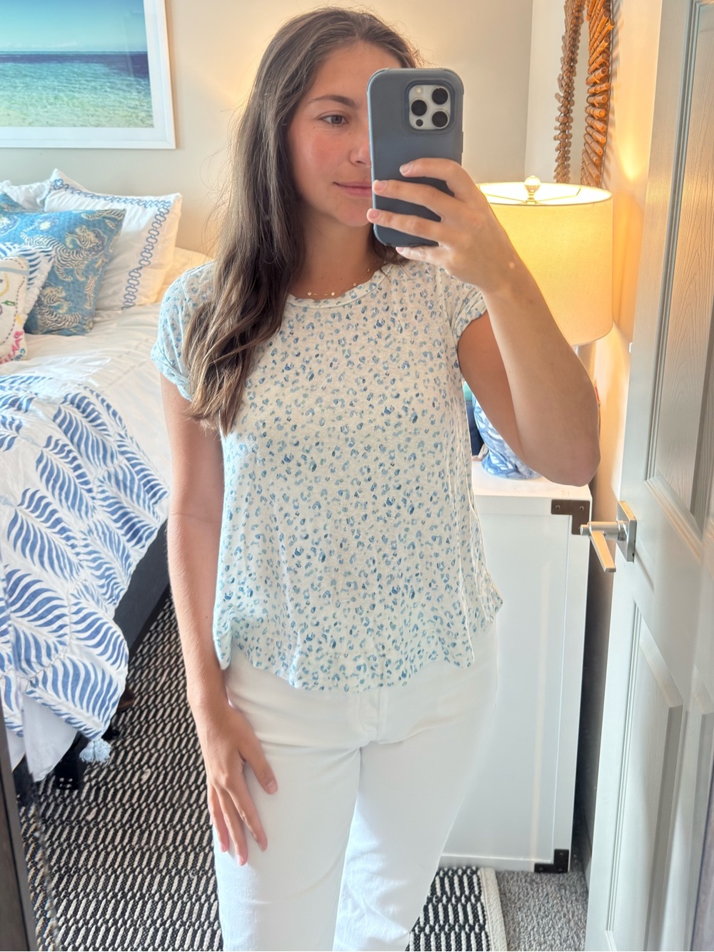 T.La White Short Sleeve Top with Blue Floral Print